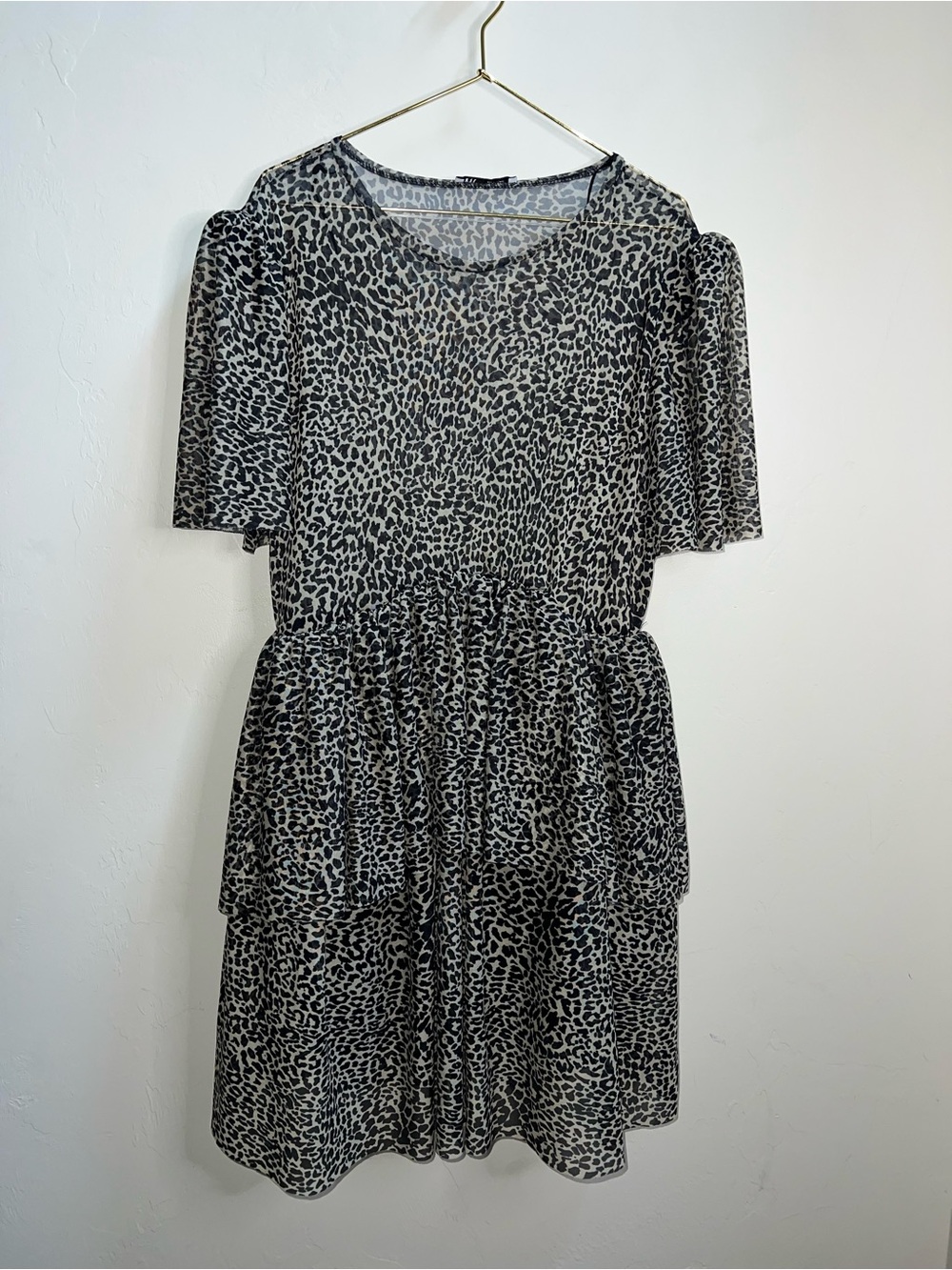Zara Black and White Leopard Tiered Short Sleeve Dress